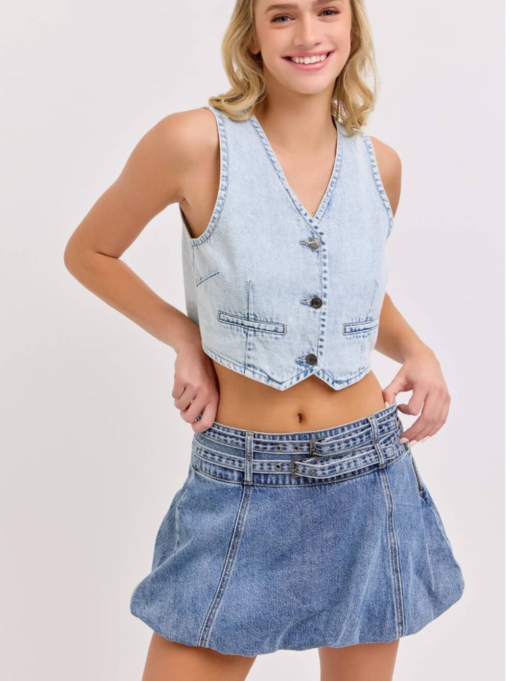 NWT Cello Blue Denim Flared Mini Skirt Size XS Buckle Detail